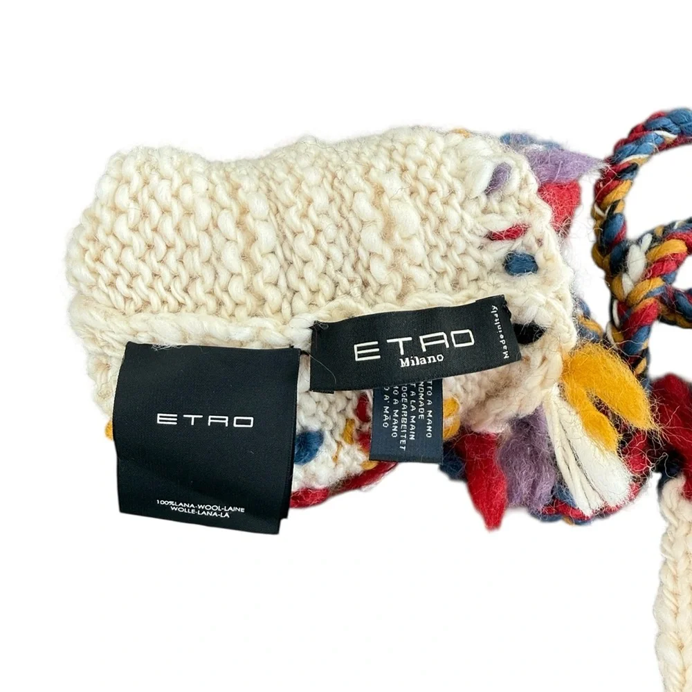ETRO Milano Hand Knit Wool Mittens Fair Isle Tassel Tie Cord